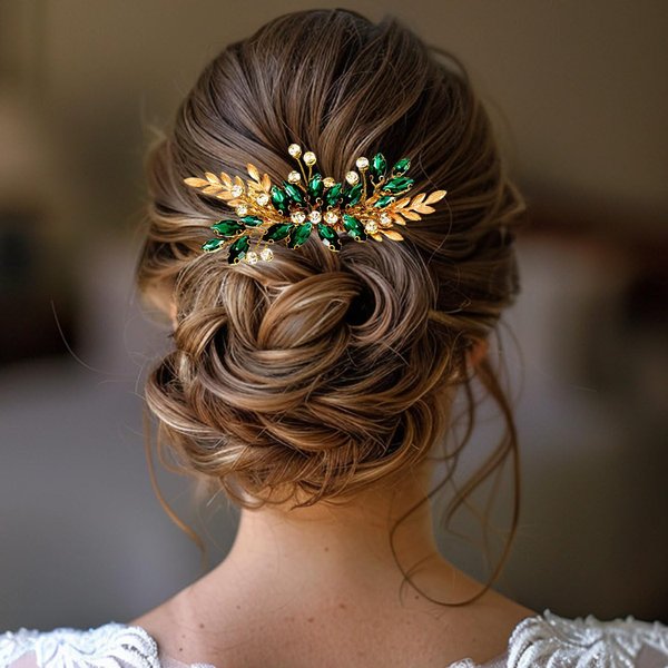 YBSHIN Bride Wedding Rhinestone Hair Comb Gold Leaf Hair Piece Crystal Bridal Hair Accessories for Women