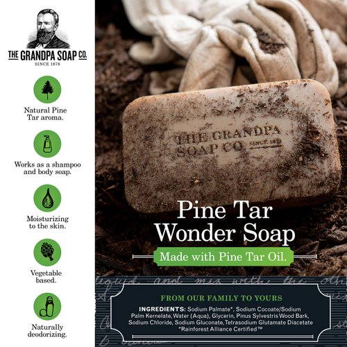 Pine Tar Bar Soap by The Grandpa Soap Company | The Original Wonder Soap | 3-in-1 Cleanser, Deodorizer & Moisturizer | 4.25 Oz.