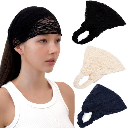LONEEDY 3 Pack Soft Lace Wide Headbands for Women,2 Ways Bandana Hairband for Girls Daily Hair Accessories (Black+Beige+Blue, One Size)