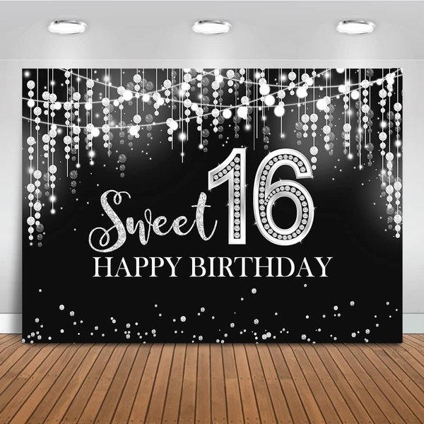 Mocsicka Sweet 16 Birthday Backdrop Glitter Silver Sweet Sixteen Background Girls 16th Birthday Party Cake Table Decoration Photo Booth Props (7x5ft)