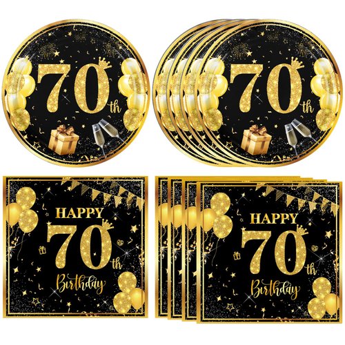 DURYGEN 40 PCS 70th Birthday Party Decoration Black Gold Back in 1954 Vintage Birthday Party Decor 70 Birthday Party Plates Napkins for Men Women Birthday Anniversary