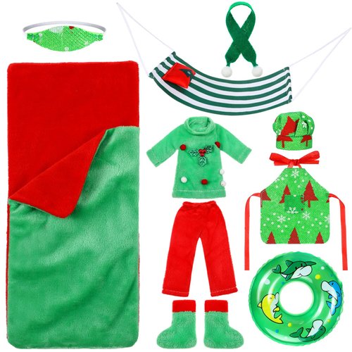 10 Pieces Christmas Elf Doll Accessories Set Include Elf Sleeping Bag Scarf Mask Pajamas Shoes Hammock Apron Chef Hat and Swim Ring Fit for Elf Dolls Christmas New Year, Doll is Not Included