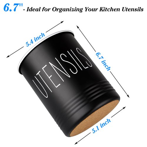 Kitchen Utensil Holder, 6.7" Utensil Holder for Kitchen Counter, Cooking Utensil Crock with Cork Bottom, Modern Farmhouse Kitchen Decor, Countertop Utensil Storage Organizer Caddy, Black