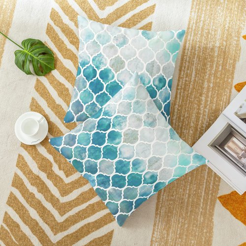 CaliTime Throw Pillow Covers Pack of 2 Cozy Colorful Geometric Trellis Chain Accents Manual Hand Painted Cushion Cases for Couch Bed Sofa Farmhouse Decorative 18 X 18 Inches Main Grey Teal