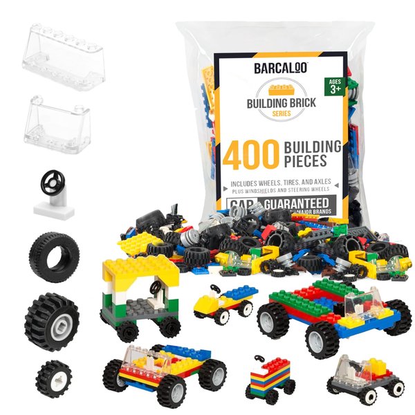 Barcaloo 400 Piece Wheels and Axles Sets, Building Bricks Car Parts and Pieces Kit - Car Building Set with Wheels, Axles & Windshields and Bonus Bricks