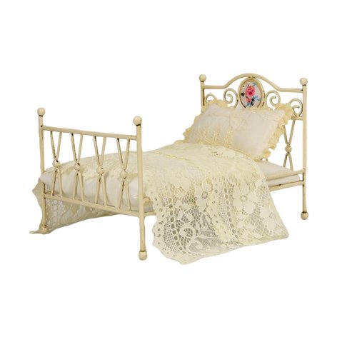 Funky Mini House 1:12 Scale Miniature Beige Iron Bed with Lace Bedding, Handmade Vintage Dollhouse Furniture BJD Ob11 Accessories