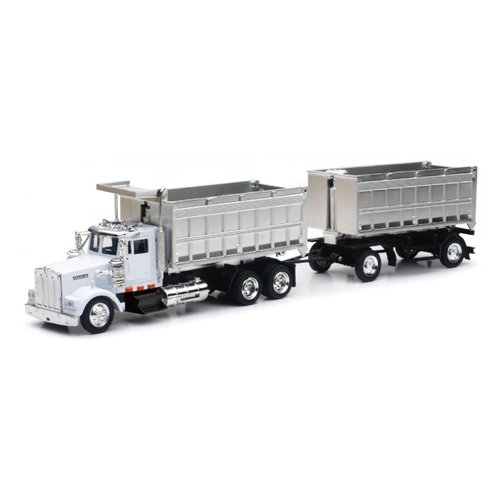 Kenworth W900 Double Dump Truck with Trailer in Red and Chrome, cab is die-cast Metal, Balance is high Impact Plastic,unisex-children