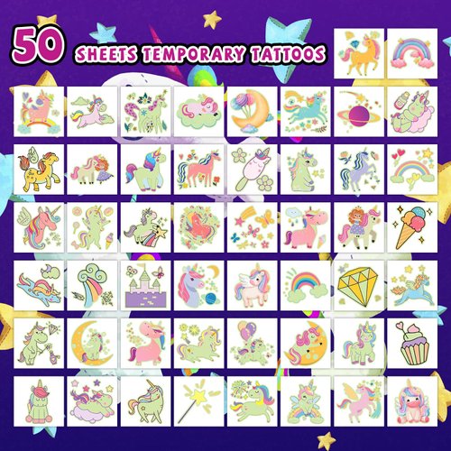 EMOME Glows Tattoos for Girls, 50 PCS Individual Wrapped Temporary Tattoos for Kids, Kids Fake Tattoos Sticker Design for Girls Party Favors Supplies Goodie Bags