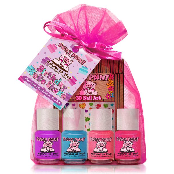 Piggy Paint | 100% Non-Toxic Girls Nail Polish | Safe, Cruelty-free, Vegan, & Low Odor for Kids | Birthday Cake Shake Set (4 Polish + Nail Art Gift Set)