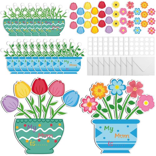 Kolldenn 48 Packs DIY Mother's Day Gifts Mother's Day Craft Kits with 288 Pcs Flower Card and Envelope Handmade Happy Mother's Day Flower Pot Greeting Cards Set for Kids Activities Decor School