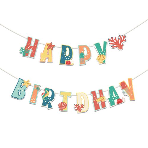 SUNBEAUTY Happy Birthday Banner Sea Animal Birthday Decorations Sea Shells Ocean Theme Party Supplies for Baby Shower | Pre-Strung