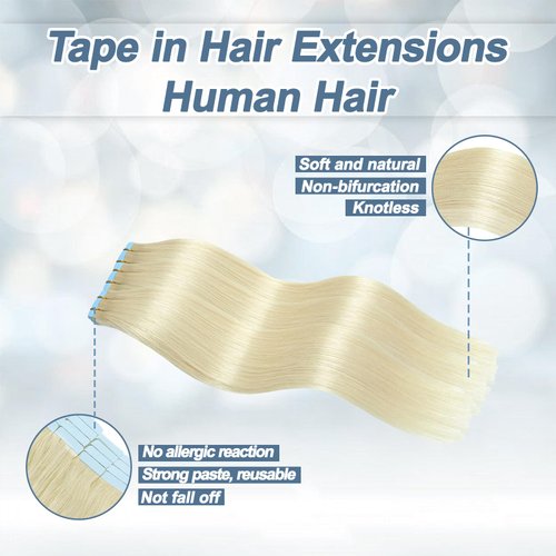 Tape in Hair Extensions Human Hair 100% Remy Hair 20pcs 50g/Pack Straight Seamless Invisible Skin Weft Extensions Easy to Apply and Style (#60 Platinum Blonde, 18 Inch)