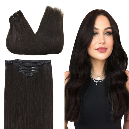 DOORES Human Hair Extensions Clip in, 5pcs 75g 14 Inch Balayage Dark Brown to Chestnut Brown Clip in Hair Extensions Straight Remy Hair Extensions Clip in