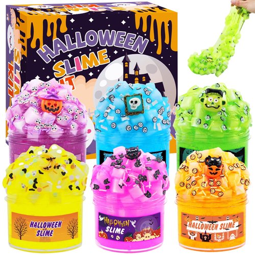 Funewest 6 Packs Halloween Crystal Slime Clear Slime Kit for Girls Boys Ages 8-12, Non Sticky Fluffy Slimes for Kids, Party Favors with Spooky Add Ins, Stress Relief Jelly Slimes Toys