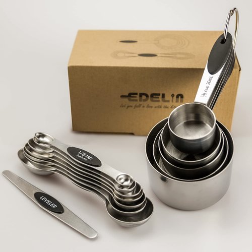 EDELIN Measuring Cups and Magnetic Measuring Spoons Set, Stainless Steel 5 Cups and 7 Spoons (Black)