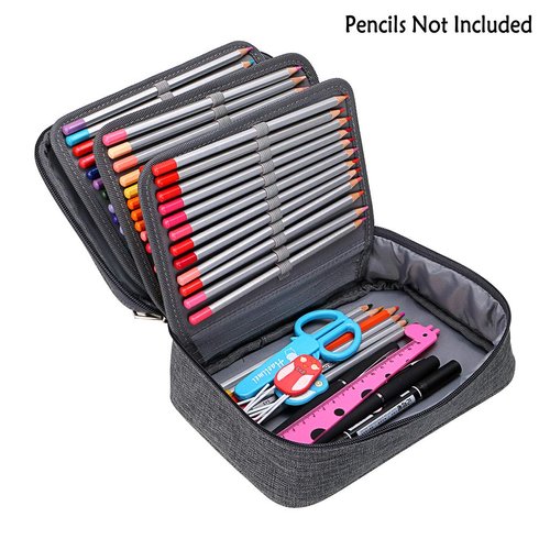 BTSKY® High Capacity Zipper Pens Pencil Case- Multi-Functional Stationery Pencil Pouch 72 Slots Colored Pencil Case Portable Pencil Bags With 2 Removable Sleeves Grey