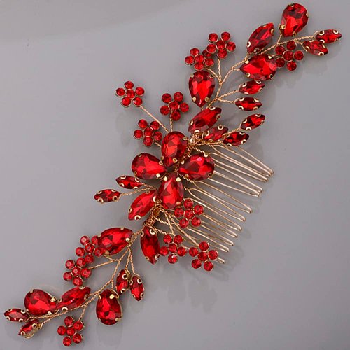 BERYUAN Teardrop Flower Crystal Hair Comb for Women Cute Crystal Comb for Bride RED