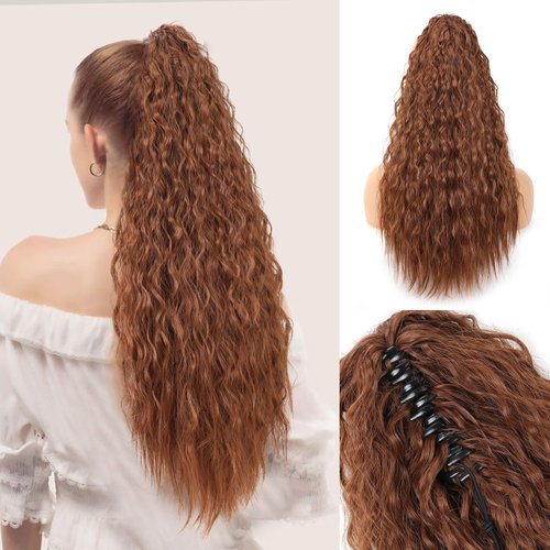 QIAORUIXIN 18" Ponytail Extension, Claw Clip in Ponytail hair Extensions for Women Long Curly Clip on Hair Ponytail Extension Synthetic Natural Drawstring fake Ponytail Hairpiece Light Golden Auburn
