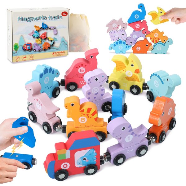 Dinosaur Toddler Toys, 11 Magnetic Wooden Dinosaur Train Set, Wooden Train Set Snap-Connection Matching Magnetic Number Train Learning Toys, Montessori Toys Preschool Learning Activities for Kids