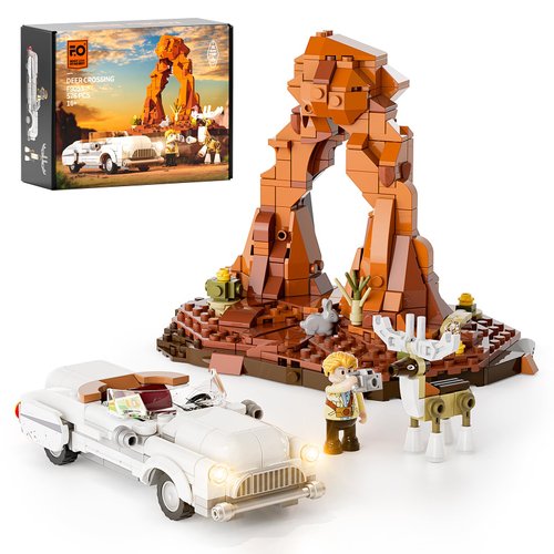 FUNWHOLE Road Deer-Crossing Lighting Building-Bricks-Set - Technic car and Deer Collection LED Light Building Animals Construction Set 576 Pcs for Adults and Teen
