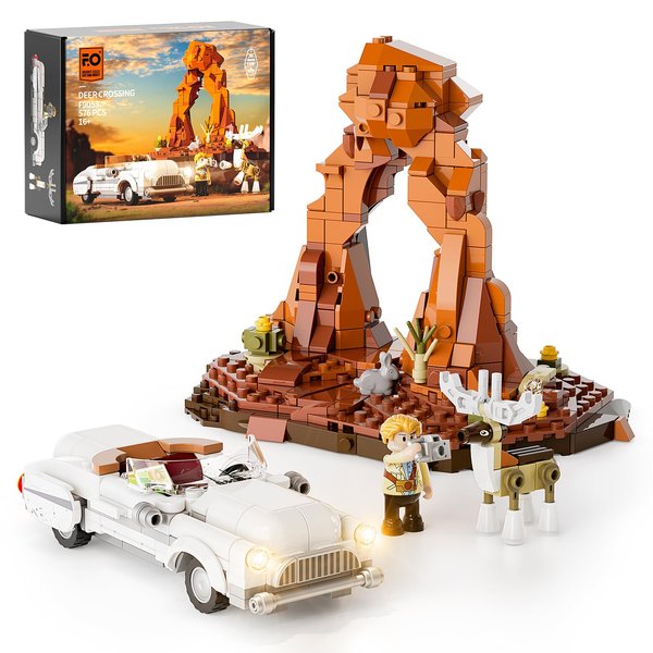 FUNWHOLE Road Deer-Crossing Lighting Building-Bricks-Set - Technic car and Deer Collection LED Light Building Animals Construction Set 576 Pcs for Adults and Teen