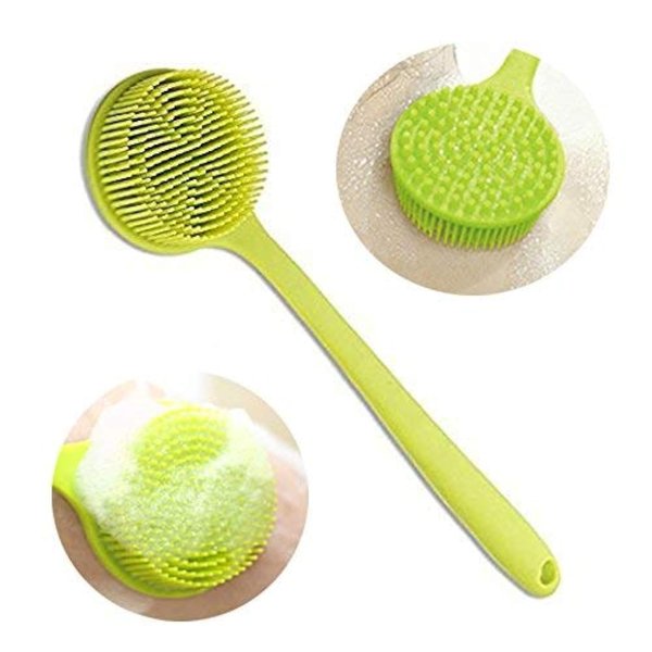 Arswin Silicone Back Scrubber, Long Handle Soft Bristles Bath Brush with Massage Beads, Body Shower Washing Brush Wet or Dry Cleaning Spa Brushing for Men and Women, 14.8 x 3.3 inches