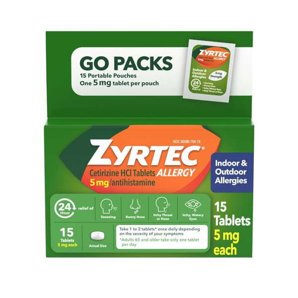 Zyrtec 24 Hour Allergy Relief Tablets, Indoor & Outdoor Allergy Medicine, 5 mg Cetirizine HCl per Antihistamine Tablet, Relief from Runny Nose & More, Individual Travel Pouches, 1 x 15 ct