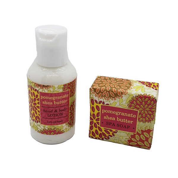Greenwich Bay Trading Company Botanical Collection Bundle: Pomegranate - 2oz Mini Wrapped Soap Block + 2oz Mini Shea Butter Lotion, 1 Count (Pack of 2)