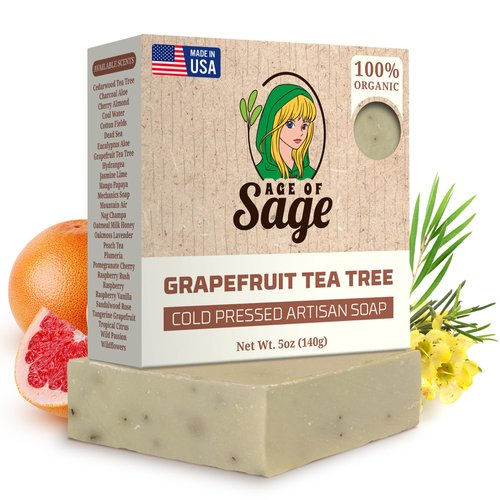 Age of Sage All Natural Bar Soap for Women - Cold Processed Vegan Soap w/Glycerin for Skin Care, Thanksgiving or Birthday Gifts for Women, Grapefruit Tea tree, Single Bar