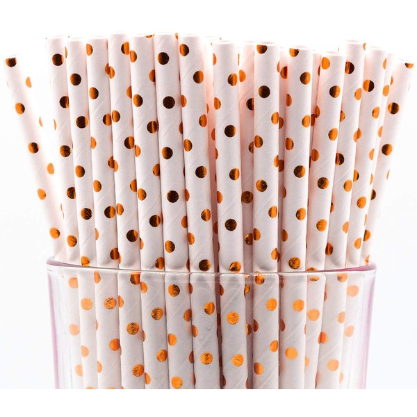 Pack of 300 Rose Gold Polka Dot Foil Biodegradable 4-Ply Paper Drinking Straws (Compostable, Non-toxic, BPA-free)