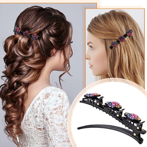 CROWN GUIDE Sparking Crystal Stone Braided Hair Clips for Women Curly/Thick/Fine Hair, Rhinestone Hair Clips, Barrette with 3 clips for Girl, Alligator Duck Billed Hair Clips, Flower Claw Clip French