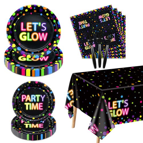Glow in The Dark Party Supplies - Include Glow in The Dark Plates, Napkins and Fluorescent Tablecloths for Glow Party Supplies Black Light Neon Party Decorations, Serve 20