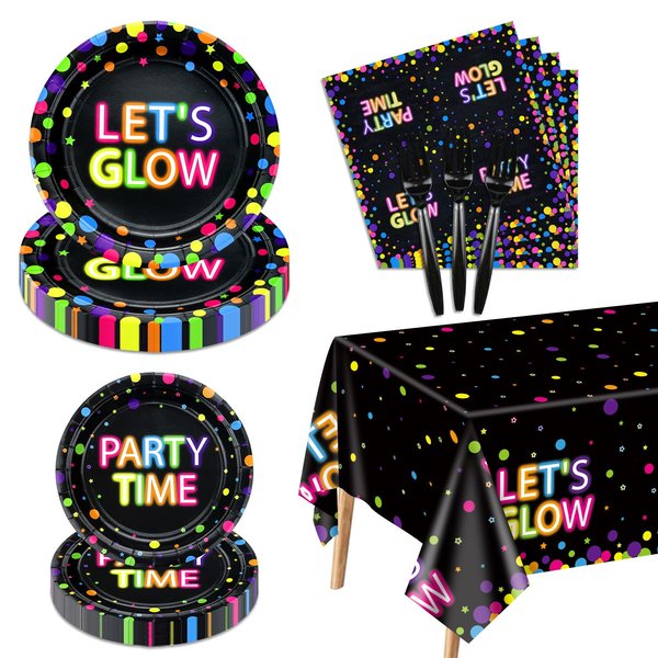 Glow in The Dark Party Supplies - Include Glow in The Dark Plates, Napkins and Fluorescent Tablecloths for Glow Party Supplies Black Light Neon Party Decorations, Serve 20
