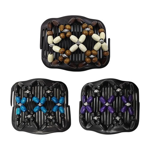 3 Pcs Elastic Double Comb Hair Clips Wood Beaded Magic Hair Side Combs Stretchy Bun Maker Combs Vintage Side Hair Combs Multipurpose Hair Accessories for Women Girls
