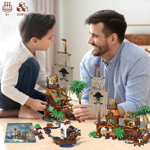 IMCUAMK 2 Styles Pirate Island Building Block Set - 833PCS Transforming Pirate Wharf & Ship, STEM Bricks Kit for Kids Ages 6-12+, Creative Toy with Treasure Chest