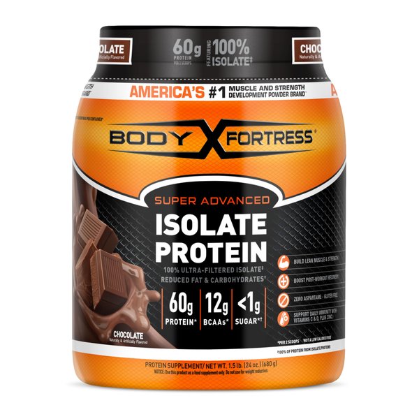 Body Fortress Super Advanced 100% Ultra-Filtered Isolate Protein Powder, Chocolate, 60g Protein & 12g BCAAs Per 2 Scoops, Muscle Gain & Recovery, Immune Support with Vitamins C & D, 1.5lbs