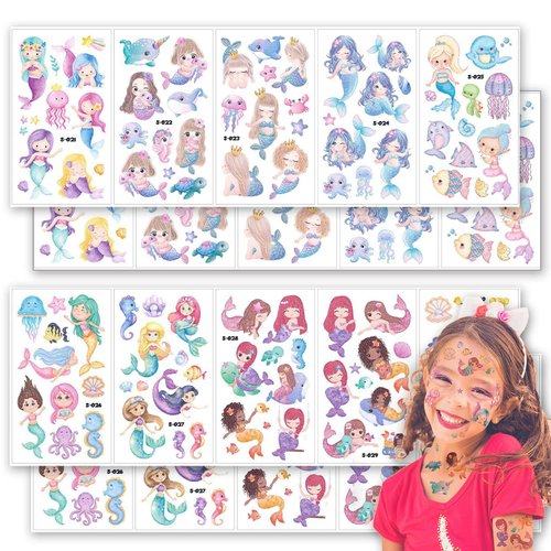 Mivofun Mermaid Temporary Tattoos Party Favor, 100PCS Glitter Styles Girls Waterproof Tattoo Stickers for Kids Birthday Party Supplies Ocean Animal Favors Decorations(20 Sheets)