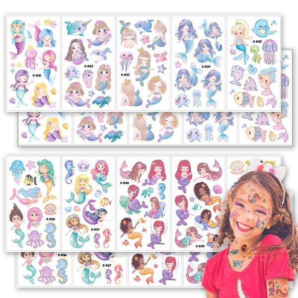 Mivofun Mermaid Temporary Tattoos Party Favor, 100PCS Glitter Styles Girls Waterproof Tattoo Stickers for Kids Birthday Party Supplies Ocean Animal Favors Decorations(20 Sheets)