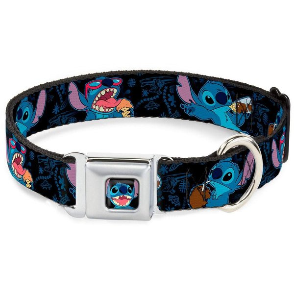 Buckle-Down Seatbelt Buckle Dog Collar - Stitch Snacking Poses Black/Blue - 1.5" Wide - Fits 13-18" Neck - Small