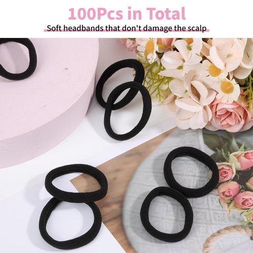100Pcs Black Hair Ties Ouchless Ponytail Holders, No-metal No Crease Medium Elastic Band for Braids Thick and Curly Hair, Seamless Hair Elastics 1.57”Soft Hair Accessories for Women and Girls