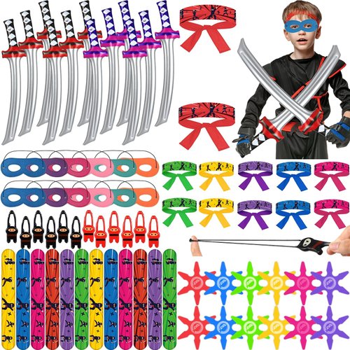 ZOIIWA 72Pcs Karate Party Favors Include Inflatable Sword Headbands Colorful Karate Party Decorations Karate Slap Bracelets Eye Mask Costume Accessories Gift Set for Kids Boys Girls Birthday Supplies