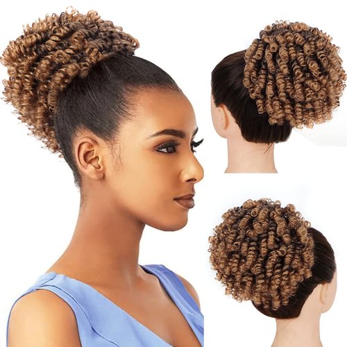 Curly Ponytail Extension for Black Women Drawstring Ponytail Hair Extensions (6inch, Ombre Brown)
