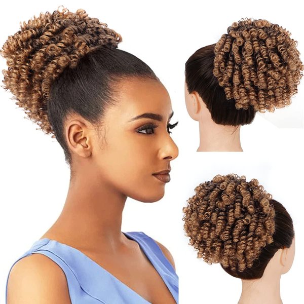 Curly Ponytail Extension for Black Women Drawstring Ponytail Hair Extensions (6inch, Ombre Brown)