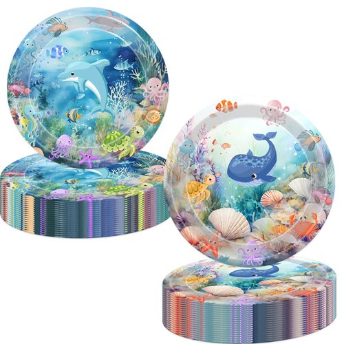 80 Pcs Under The Sea Party Supplies Ocean Disposable Paper Plates Napkins Forks Dinnerware for Underwater World Sea Life Theme Baby Shower 1st 2nd 3rd 4th Birthday Party Decorations