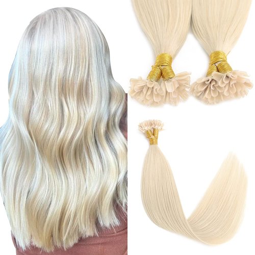 Sindra U Tip Hair Extensions Real Human Hair Platinum Blonde Color 16inch New Generation Keratin Tip Hair Extensions 50 Strand 40Grams Prebonded Fusion Hair Extensions（Utip#60-16inch）
