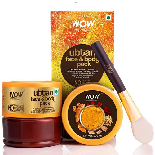 WOW Skin Science Ubtan Face & Body Pack with Chickpea Flour, Almond Shell Powder, Safron & Turmeric Extracts, Rose Water & Sandalwood Oil - No Sulphate, Parabens, Silicones & Color - 200 mL