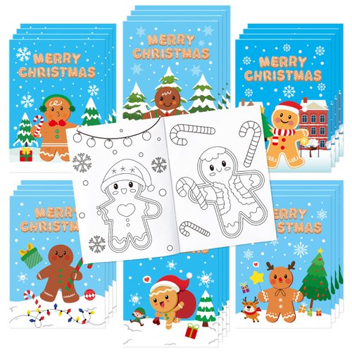 Unbess 24Pcs Merry Christmas Gingerbread Man Coloring Book - Xmas Color-in Pages Booklet Art Drawing Party Favors Holiday Gifts Home School Classroom Activity Supplies for Kids