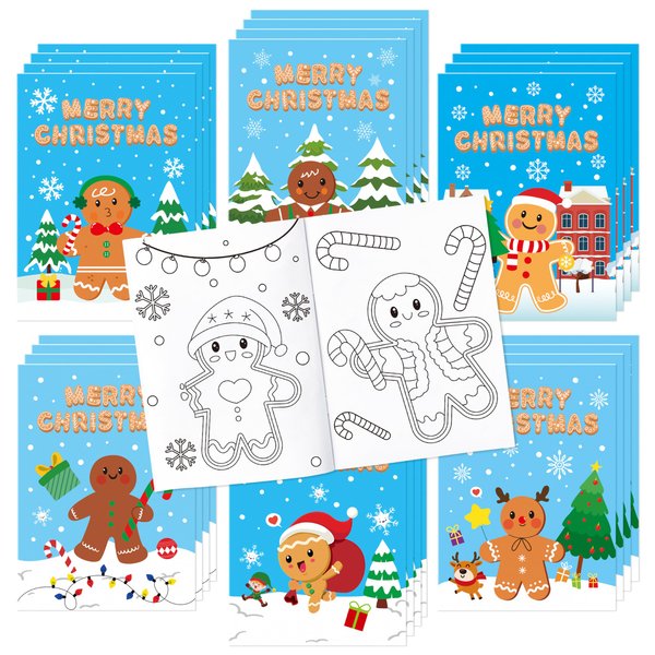 Unbess 24Pcs Merry Christmas Gingerbread Man Coloring Book - Xmas Color-in Pages Booklet Art Drawing Party Favors Holiday Gifts Home School Classroom Activity Supplies for Kids