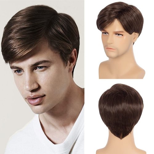Swiking Men Brown Straight Wigs Short Side Part Natural Synthetic Hair for Male Daily Full Wig