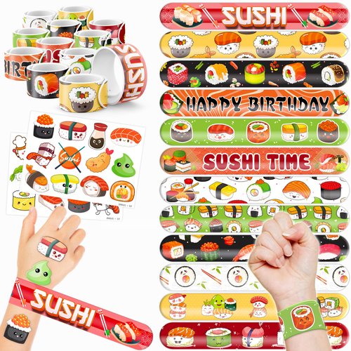 48 Sushi 24PCS Sushi Temporary Tattoos Sticker 24PCS Slap Bracelets Perfect for Themed Birthday Party Favors Baby Showers or Classroom Rewards Ideal Decor and Gifts for Girls and Boys
